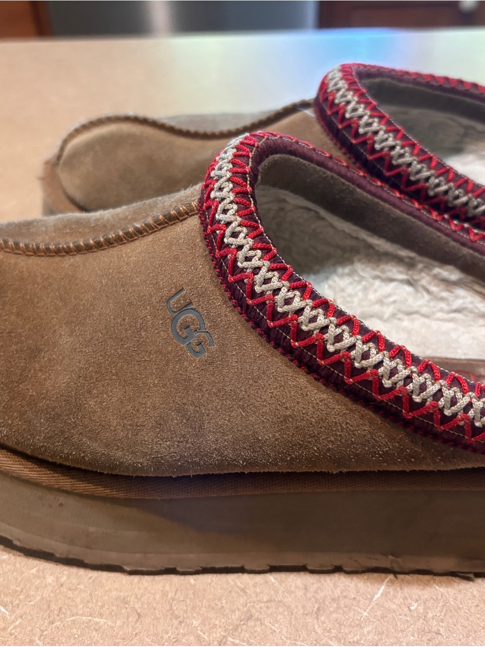 UGG Men's Brown Suede Slip-On Loafers with Red and Cream Trim
